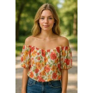 CEU) HUG Women Size medium floral dress off shoulder sleeves‎ Elastic Top blouse